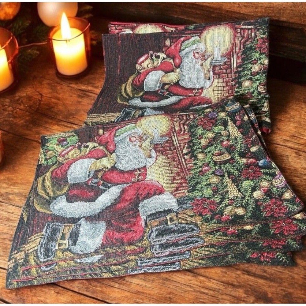 SANTA Placemats Set of 4 & Table Runner Classic Christams Sack Gifts Tapestry
